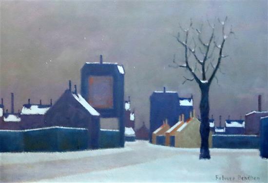 § Folmer Bendsten (Danish 1907-1993), Street Scene in winter 15 x 21.5in.